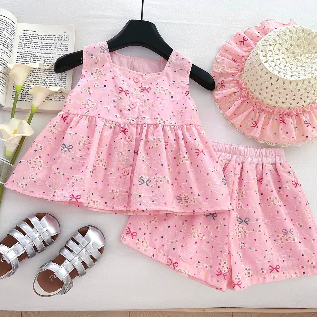 Girls Bow-Knot Embroidered Sleeveless Top And Shorts Two-Piece Set With Free Hat