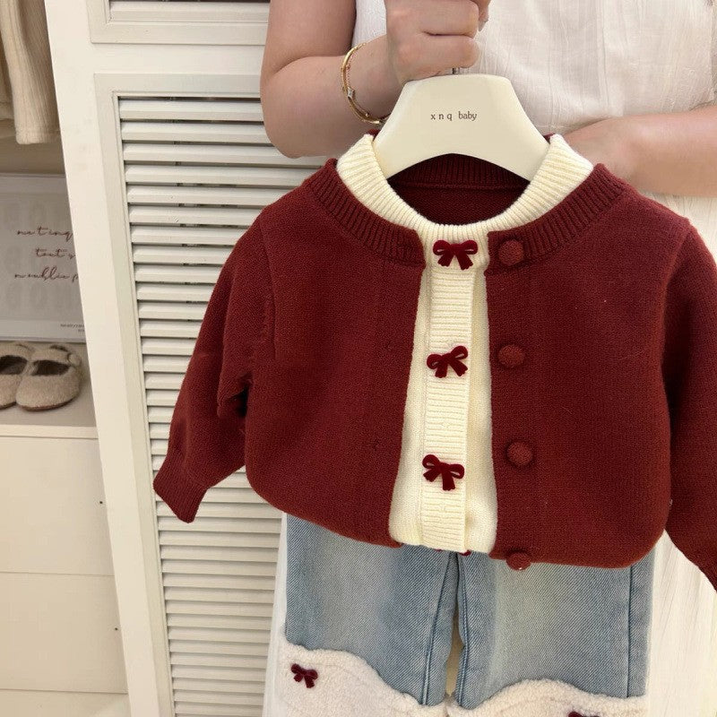 Baby Girl Red Bow Sweater Love Fleece Padded Jeans