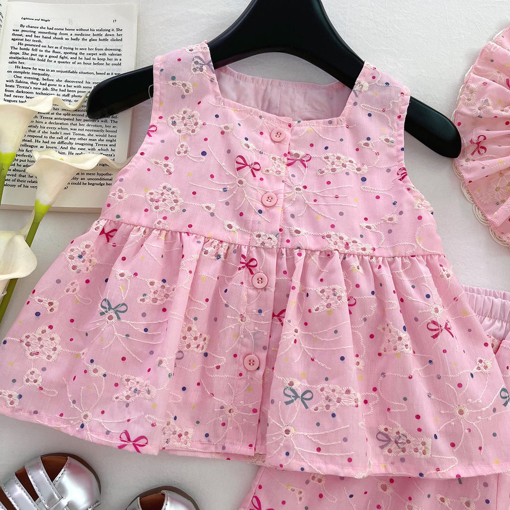 Girls Bow-Knot Embroidered Sleeveless Top And Shorts Two-Piece Set With Free Hat