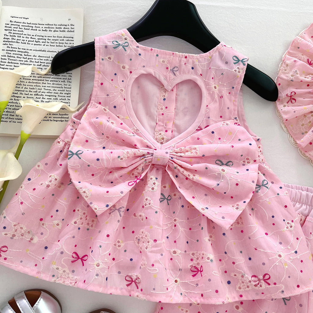 Girls Bow-Knot Embroidered Sleeveless Top And Shorts Two-Piece Set With Free Hat