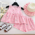 Girls Bow-Knot Embroidered Sleeveless Top And Shorts Two-Piece Set With Free Hat