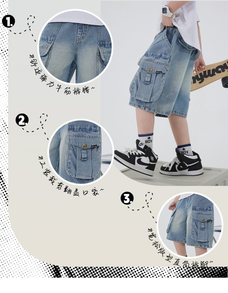 Boys' Workwear Denim Shorts Summer 2026 New Teenage Children's Pocket Design Outdoor Wear Loose Jeans Big Kids Mid-Pants