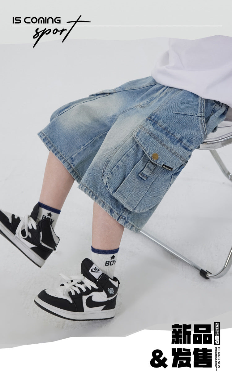 Boys' Workwear Denim Shorts Summer 2026 New Teenage Children's Pocket Design Outdoor Wear Loose Jeans Big Kids Mid-Pants