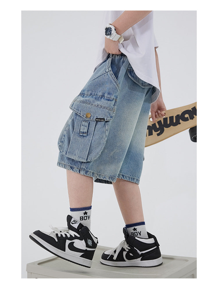Boys' Workwear Denim Shorts Summer 2026 New Teenage Children's Pocket Design Outdoor Wear Loose Jeans Big Kids Mid-Pants