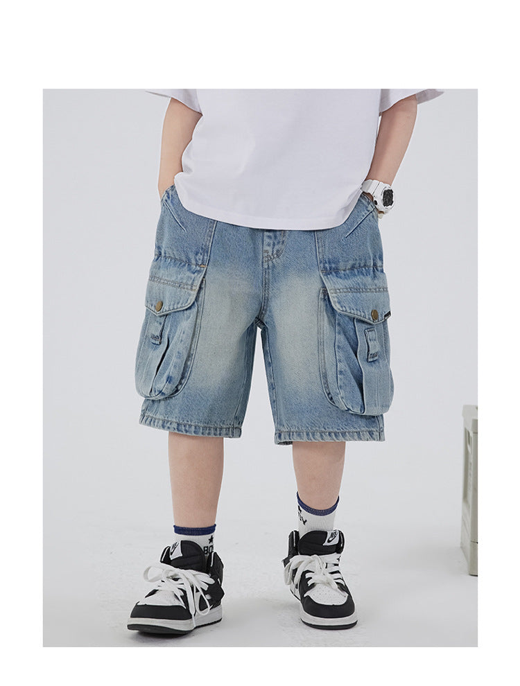 Boys' Workwear Denim Shorts Summer 2026 New Teenage Children's Pocket Design Outdoor Wear Loose Jeans Big Kids Mid-Pants