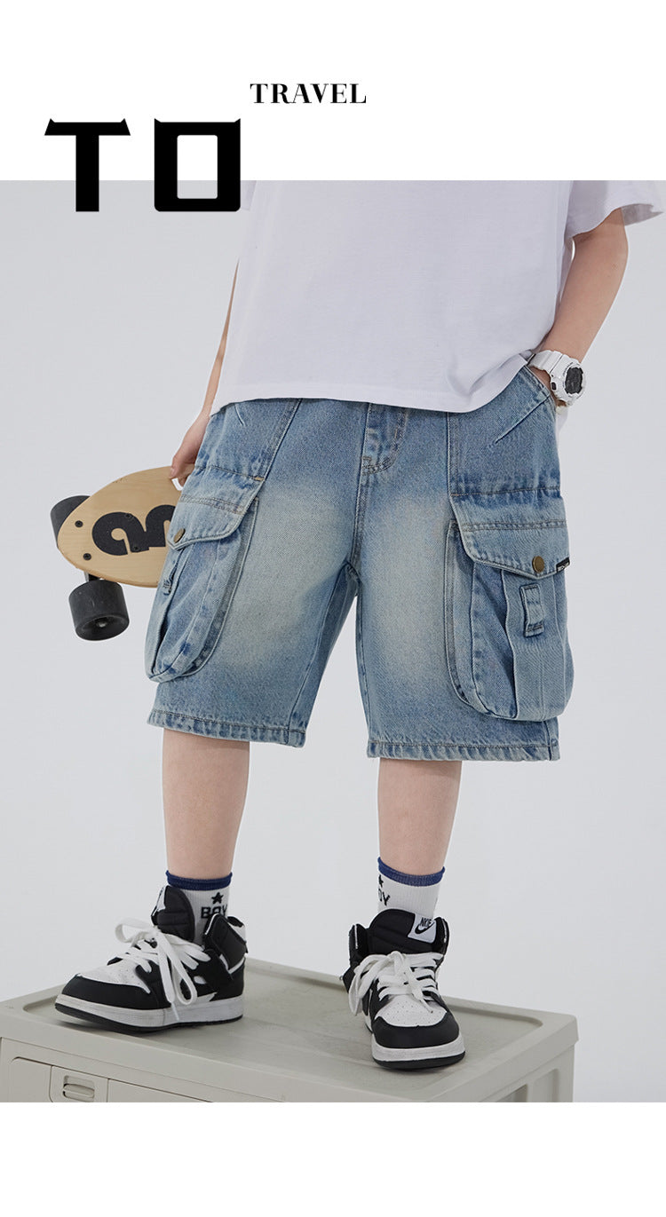 Boys' Workwear Denim Shorts Summer 2026 New Teenage Children's Pocket Design Outdoor Wear Loose Jeans Big Kids Mid-Pants
