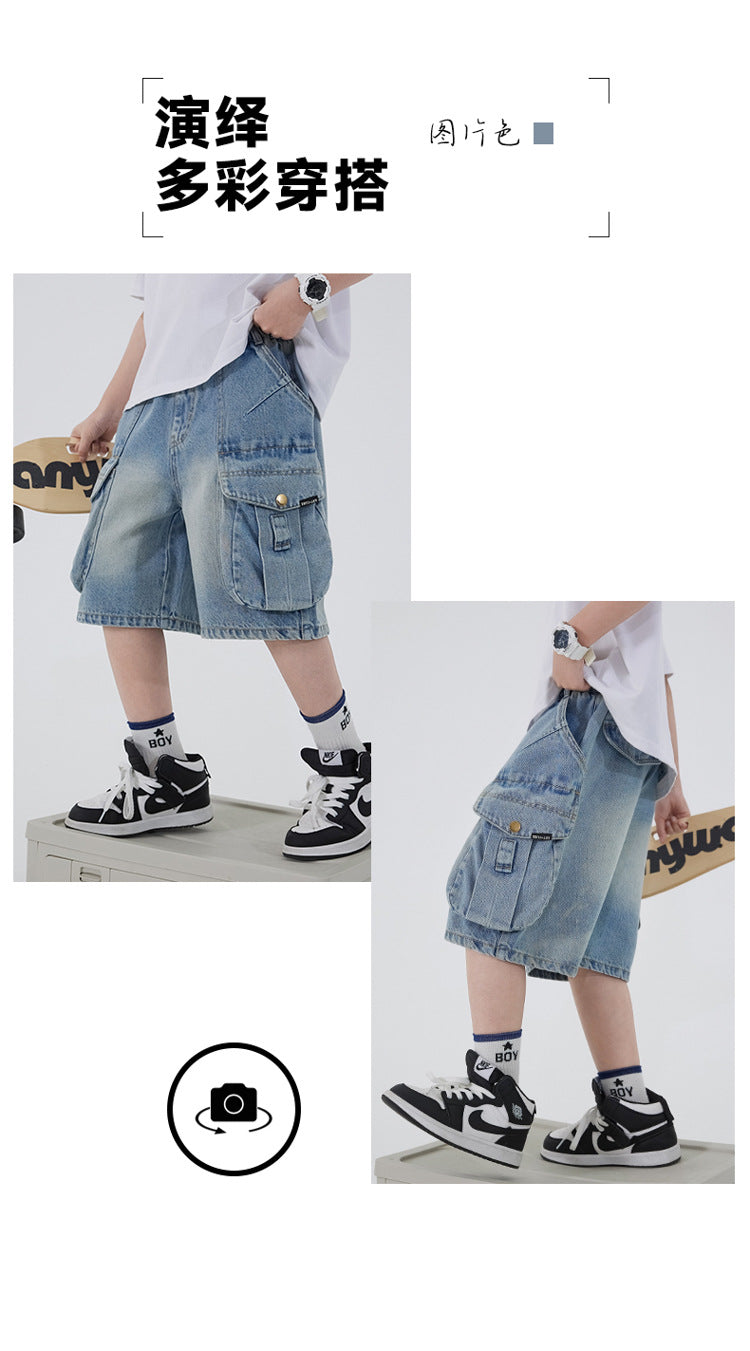 Boys' Workwear Denim Shorts Summer 2026 New Teenage Children's Pocket Design Outdoor Wear Loose Jeans Big Kids Mid-Pants