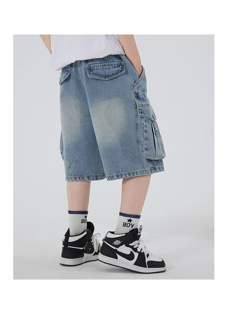 Boys' Workwear Denim Shorts Summer 2026 New Teenage Children's Pocket Design Outdoor Wear Loose Jeans Big Kids Mid-Pants