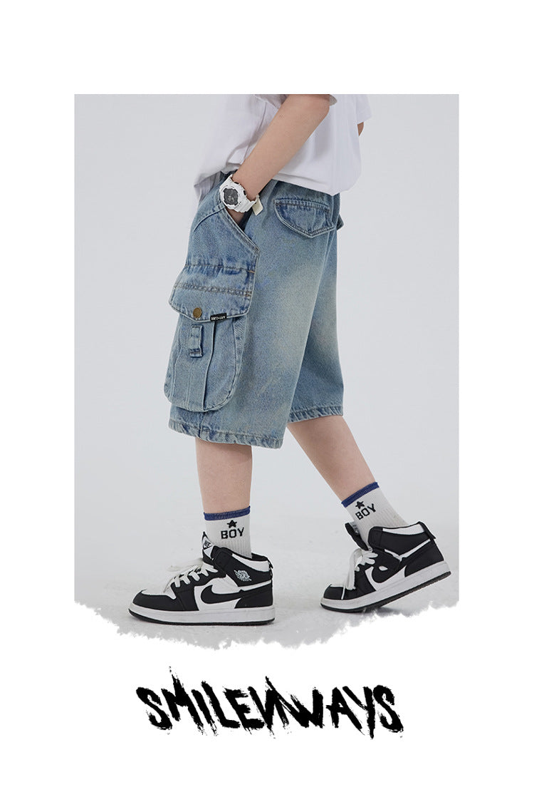Boys' Workwear Denim Shorts Summer 2026 New Teenage Children's Pocket Design Outdoor Wear Loose Jeans Big Kids Mid-Pants