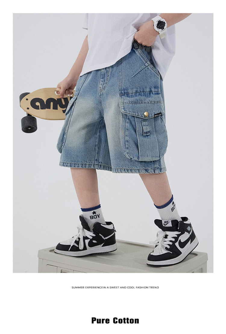 Boys' Workwear Denim Shorts Summer 2026 New Teenage Children's Pocket Design Outdoor Wear Loose Jeans Big Kids Mid-Pants
