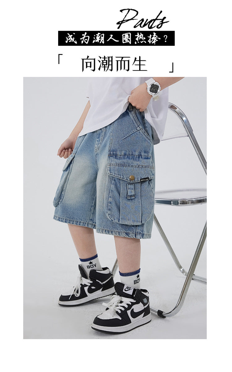 Boys' Workwear Denim Shorts Summer 2026 New Teenage Children's Pocket Design Outdoor Wear Loose Jeans Big Kids Mid-Pants