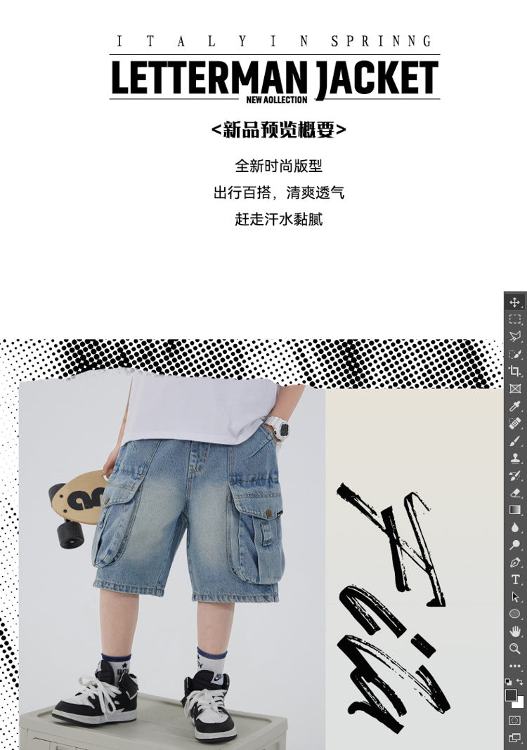 Boys' Workwear Denim Shorts Summer 2026 New Teenage Children's Pocket Design Outdoor Wear Loose Jeans Big Kids Mid-Pants