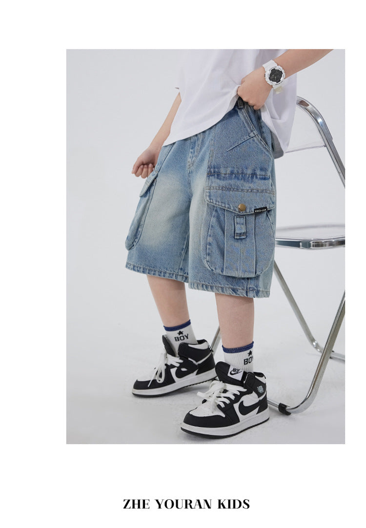 Boys' Workwear Denim Shorts Summer 2026 New Teenage Children's Pocket Design Outdoor Wear Loose Jeans Big Kids Mid-Pants