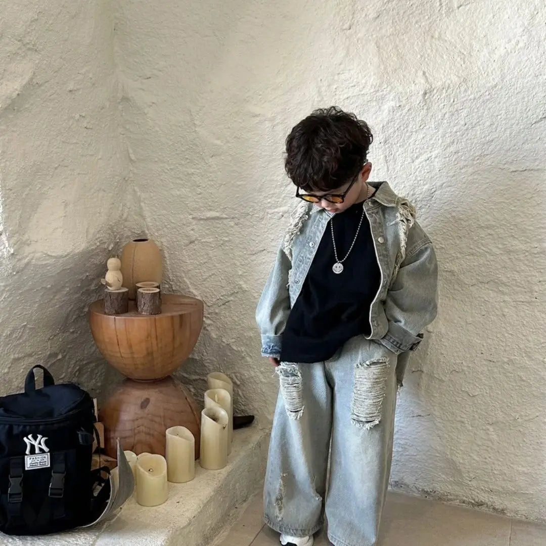 2-10Y Boys Spring Autumn Gray Retro Hole 2025 Denim Coat Pant Suit girl American Style New Loose Slimming High Waist Floor Pants
