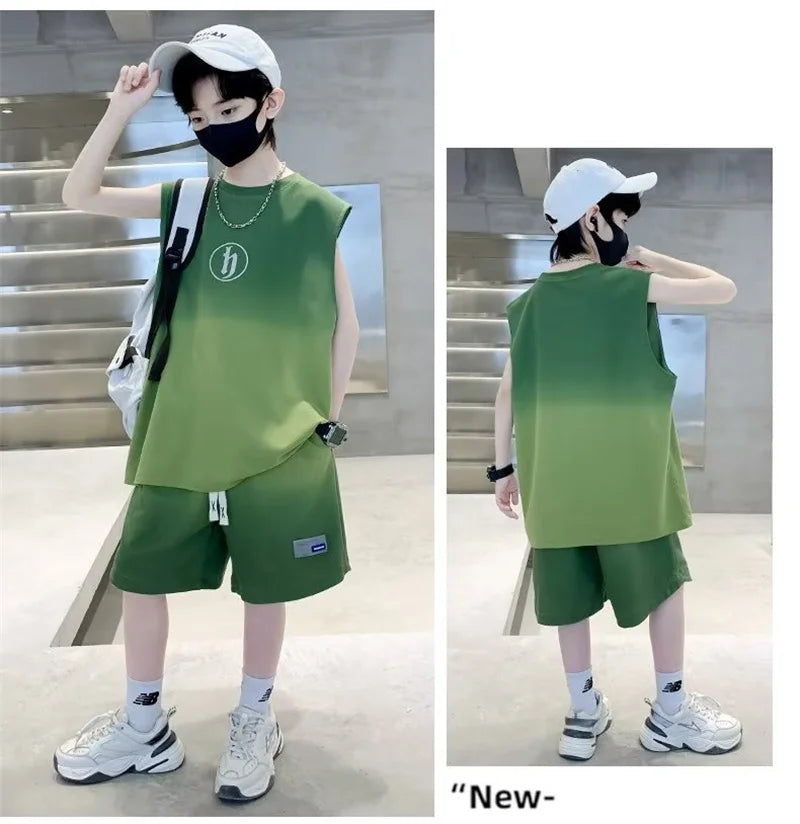 Boys Vest Sportwear Sets Summer Big Kids Casual Clothes Suits Sleeveless Tops+Shorts 2Pcs Children Trendy Handsome Outfits 3-10Y