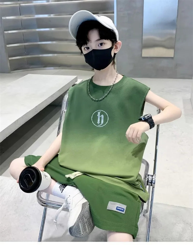 Boys Vest Sportwear Sets Summer Big Kids Casual Clothes Suits Sleeveless Tops+Shorts 2Pcs Children Trendy Handsome Outfits 3-10Y