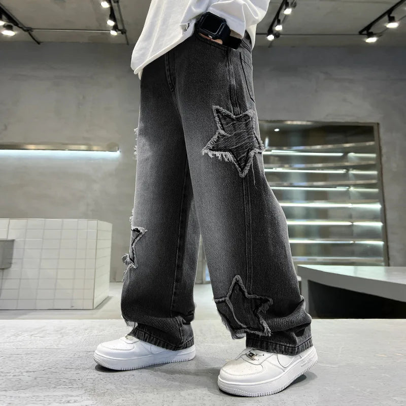 Kids Trousers New Fashion Teenager Boys Denim Wide Leg Pants Child Trousers Spring Autumn Star Splicing Raw Edge Jeans 5-14 Yrs