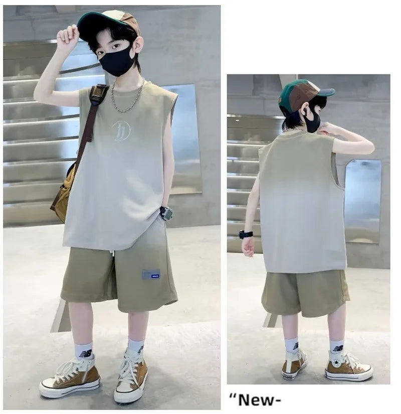 Boys Vest Sportwear Sets Summer Big Kids Casual Clothes Suits Sleeveless Tops+Shorts 2Pcs Children Trendy Handsome Outfits 3-10Y