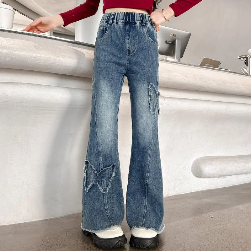 2025 Girls Wide Leg Jeans Loose Pants Spring Autumn Teen Casual Trousers Kids Fashion Straight Denim Long Pants Children Clothes