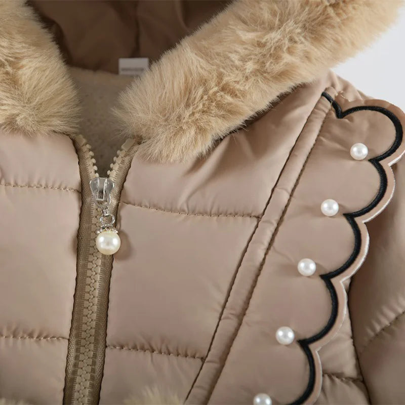 Children Autumn Winter Thick Cotton Coat Kids Girls Warm Pearls Jacket Plush Collar Hooded Windproof Outwear 1 To 6 Years Old