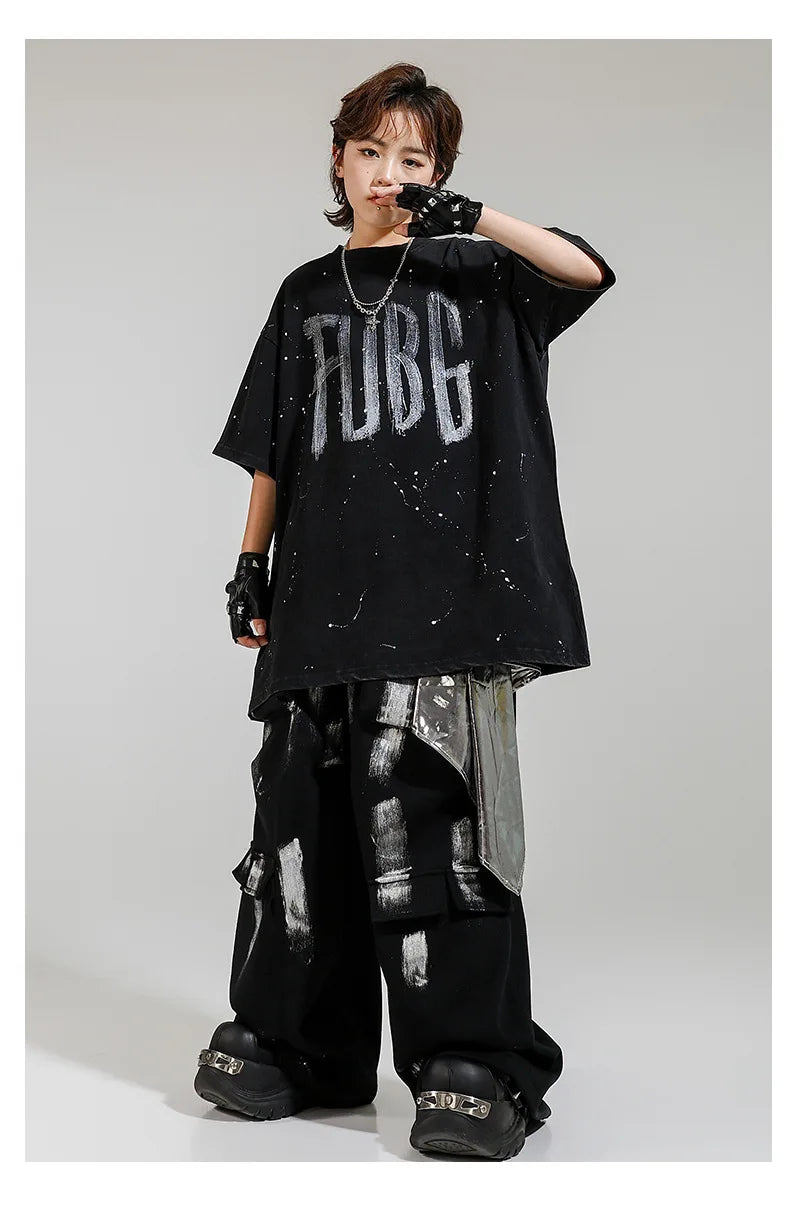 Hip Hop Boys Letters Cool T-shirt Loose Graffiti Pants Girls K-pop Costume Child Streetwear Kids Jazz Street Dance Clothes Sets