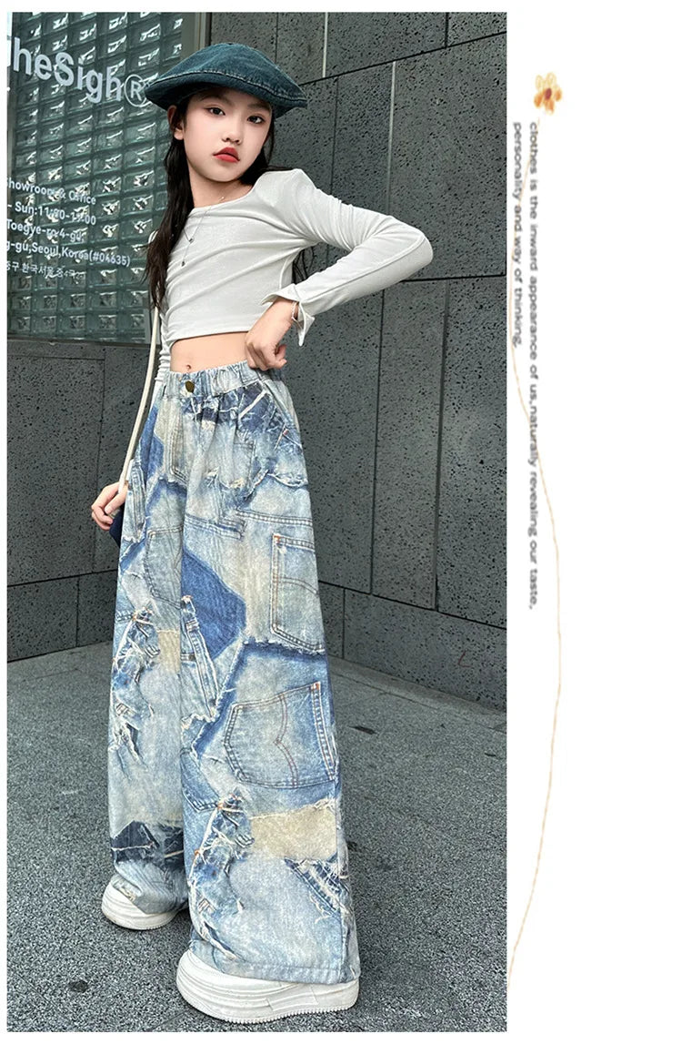Spring Autumn Teenager Girls Denim Wide Leg Pants Children Trousers New Fashion Tie Dye Design Girls Jeans 5-14 Yrs Kids Clothes