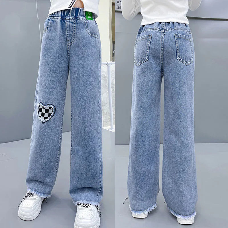 Girls Spring Jeans Children Wide-Leg Denim Pants Autumn Teenager Casual Loose Straight-Leg Trousers Kids Fashion Clothing