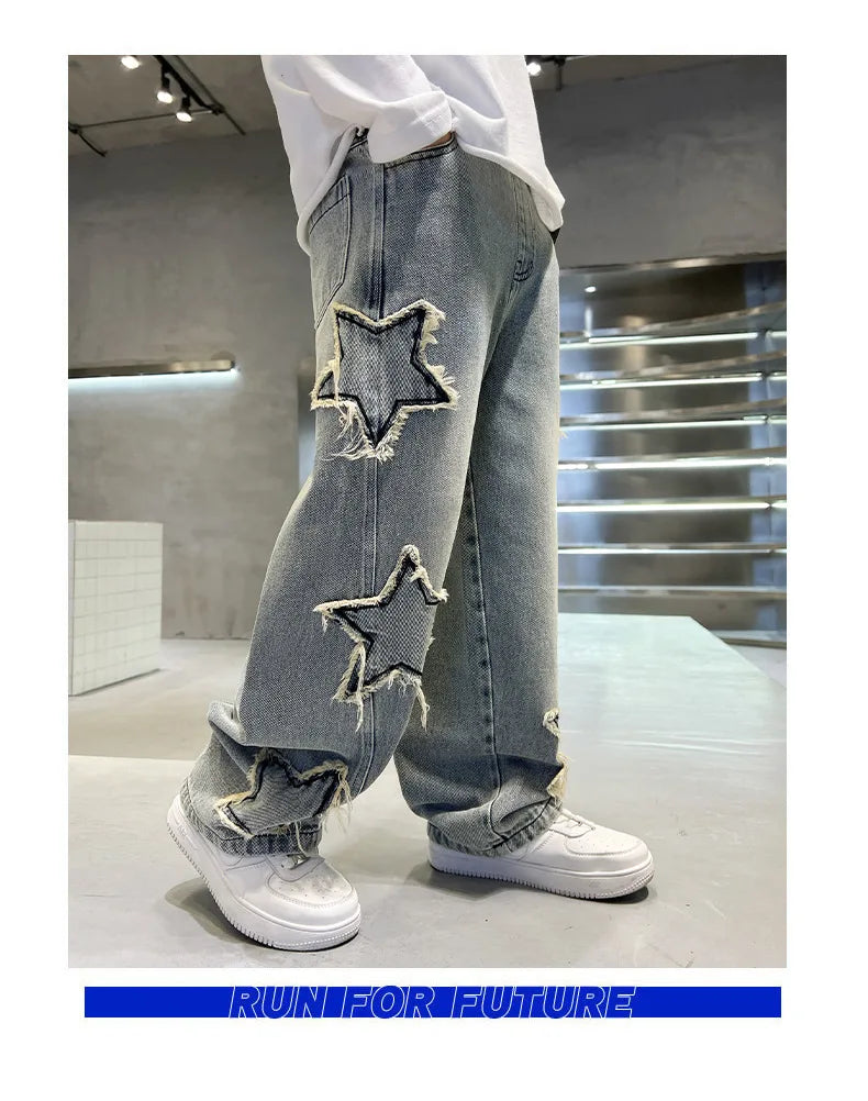 Kids Trousers New Fashion Teenager Boys Denim Wide Leg Pants Child Trousers Spring Autumn Star Splicing Raw Edge Jeans 5-14 Yrs