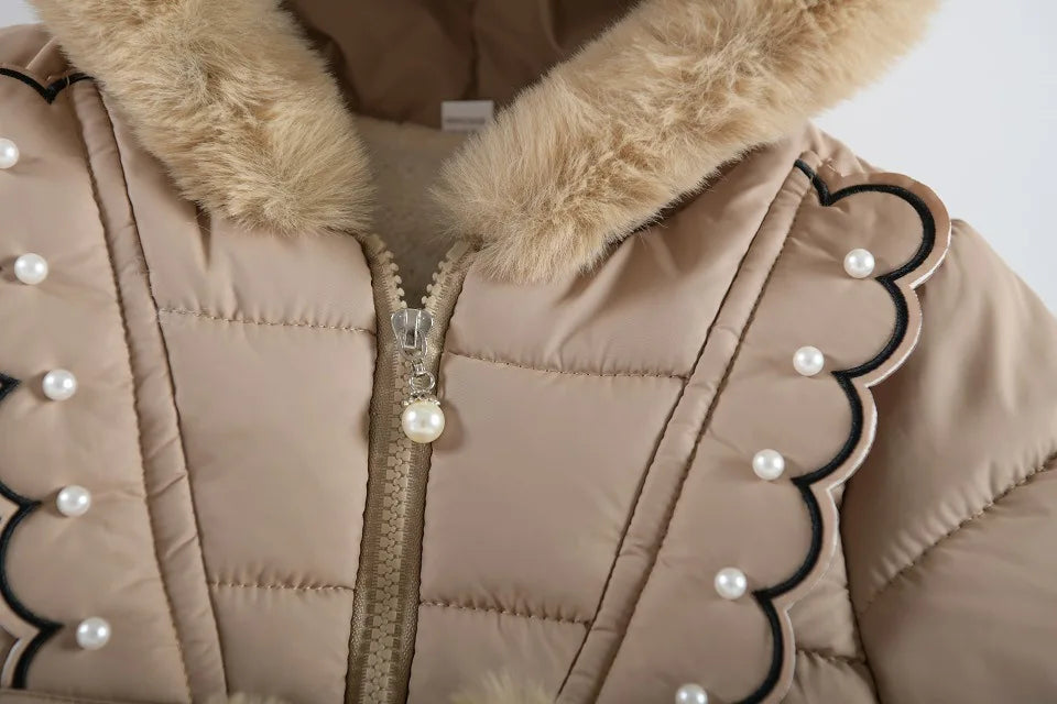 Children Autumn Winter Thick Cotton Coat Kids Girls Warm Pearls Jacket Plush Collar Hooded Windproof Outwear 1 To 6 Years Old