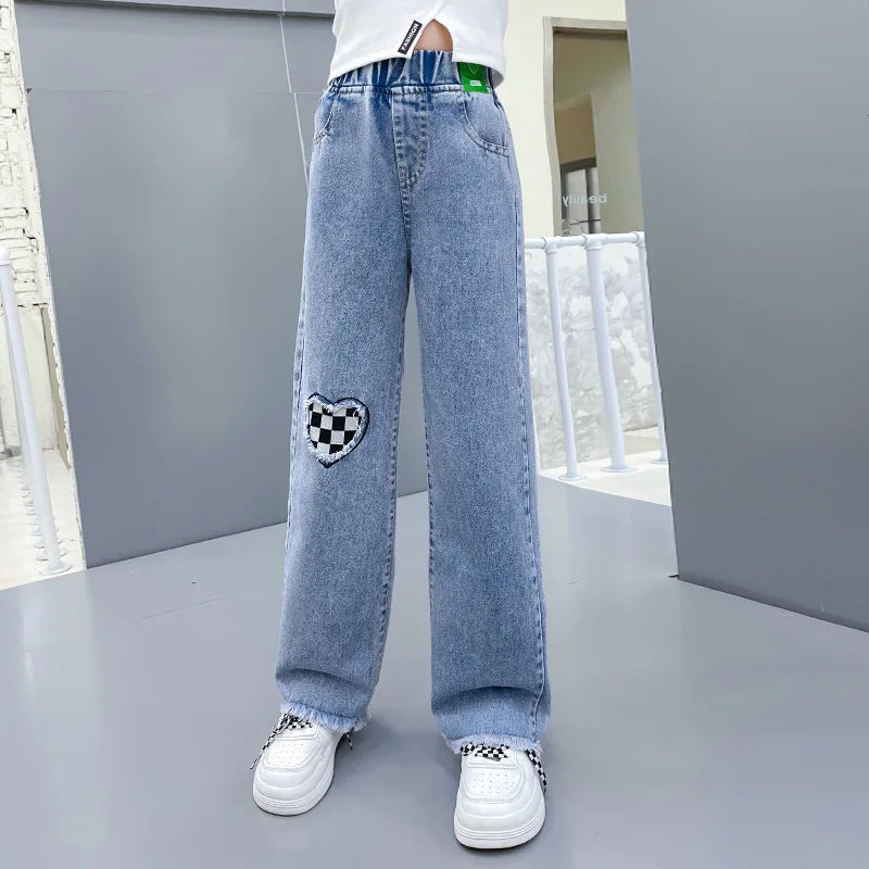 Girls Spring Jeans Children Wide-Leg Denim Pants Autumn Teenager Casual Loose Straight-Leg Trousers Kids Fashion Clothing