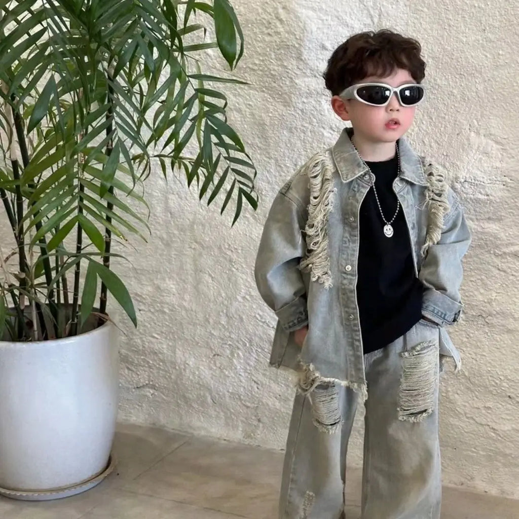2-10Y Boys Spring Autumn Gray Retro Hole 2025 Denim Coat Pant Suit girl American Style New Loose Slimming High Waist Floor Pants