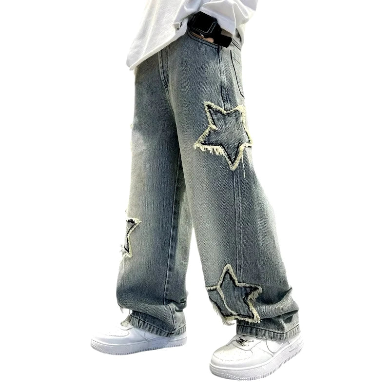 Kids Trousers New Fashion Teenager Boys Denim Wide Leg Pants Child Trousers Spring Autumn Star Splicing Raw Edge Jeans 5-14 Yrs