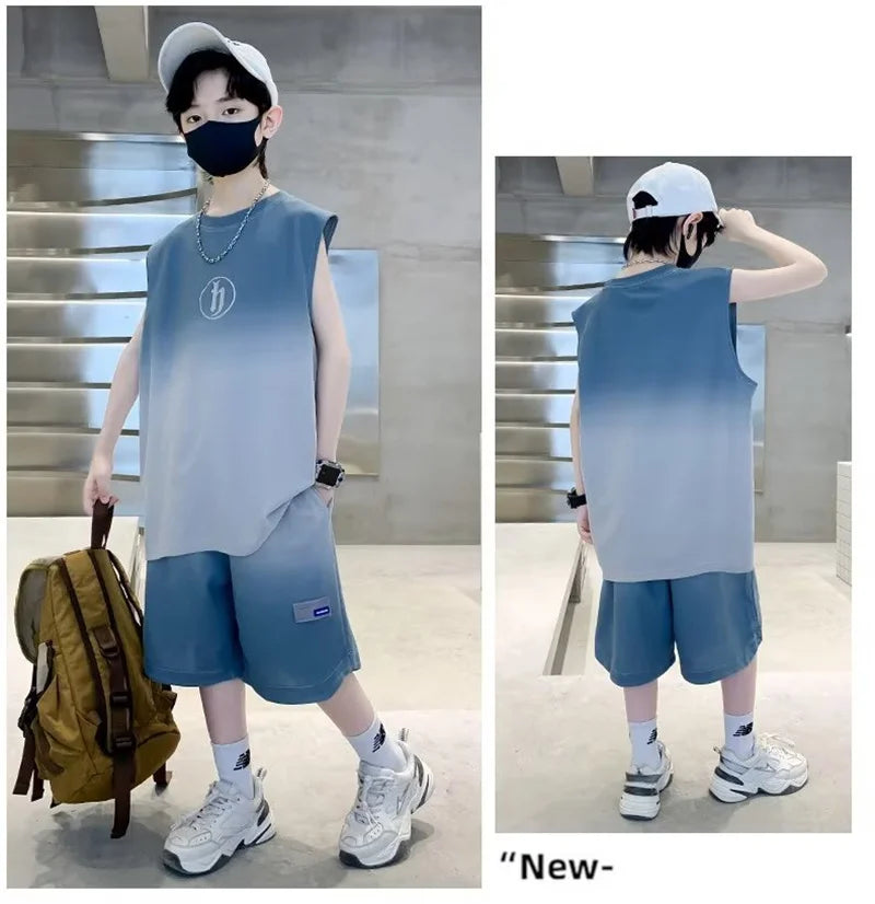 Boys Vest Sportwear Sets Summer Big Kids Casual Clothes Suits Sleeveless Tops+Shorts 2Pcs Children Trendy Handsome Outfits 3-10Y