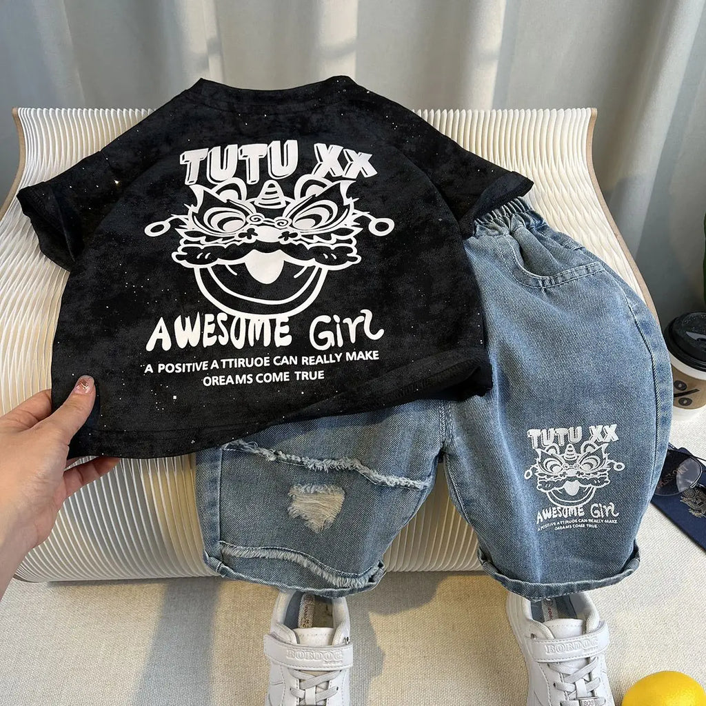 Kids Handsome Summer Clothing Denim Suit for Boy Casual T-shirt & Short Jeans 2Pcs Set Children's Top and Bottom Clothes Set