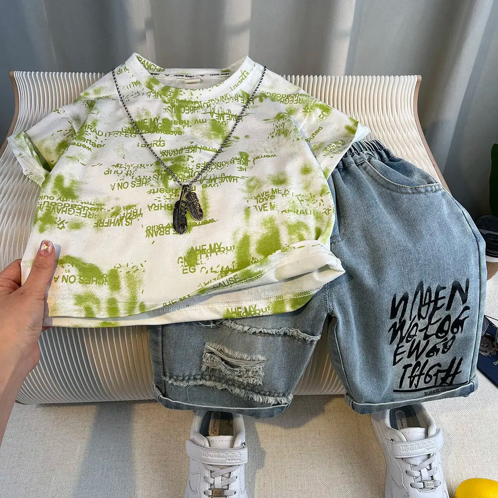 Kids Handsome Summer Clothing Denim Suit for Boy Casual T-shirt & Short Jeans 2Pcs Set Children's Top and Bottom Clothes Set