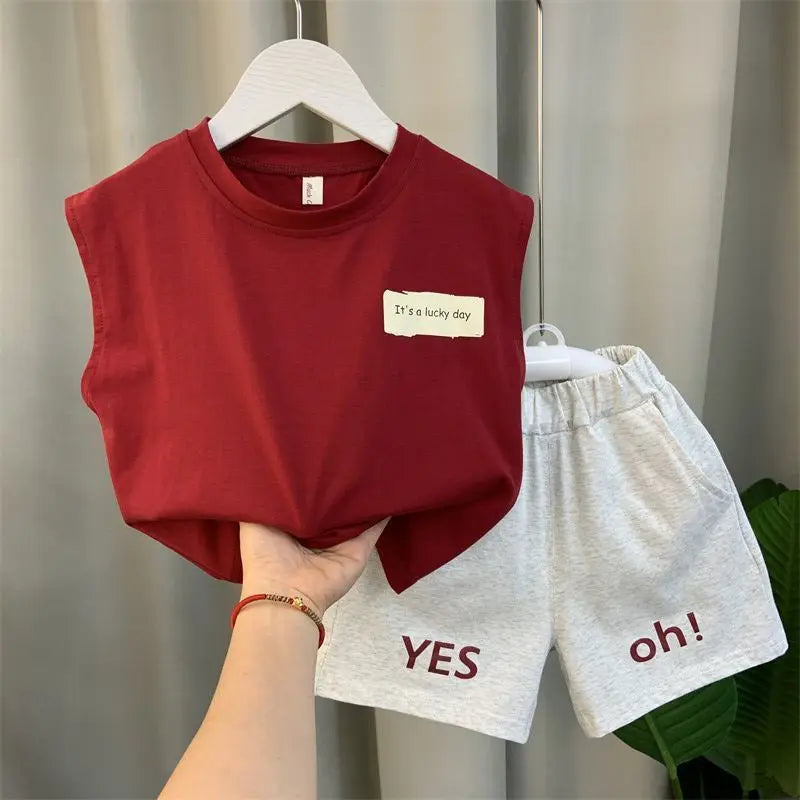 2024 Boy’s Loose Vest Sets Baby Casual Fashion Suit Summer New Children's Thin Sleeveless Round Neck Top Shorts 2Pcs 12M-6Years