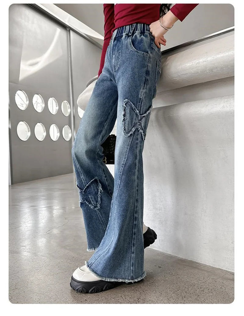 2025 Girls Wide Leg Jeans Loose Pants Spring Autumn Teen Casual Trousers Kids Fashion Straight Denim Long Pants Children Clothes