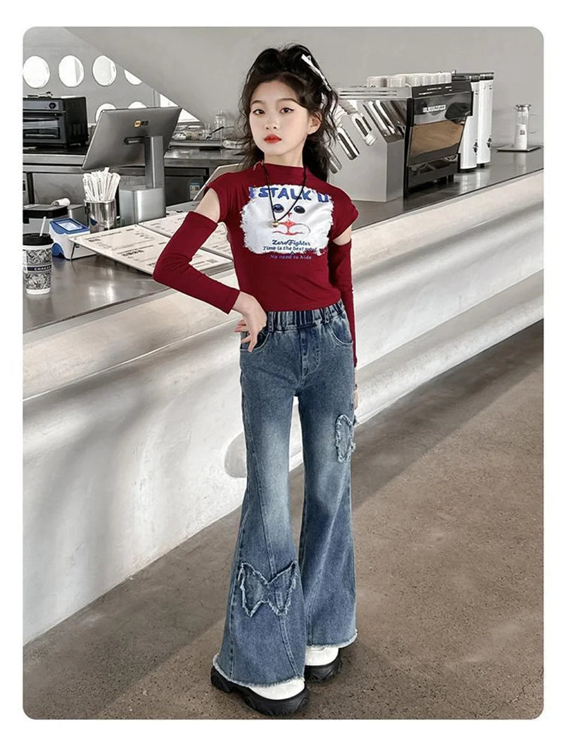 2025 Girls Wide Leg Jeans Loose Pants Spring Autumn Teen Casual Trousers Kids Fashion Straight Denim Long Pants Children Clothes