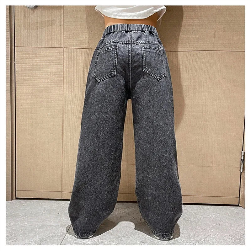 Spring Autumn Teenager Girls Denim Pants Children Trousers New Fashion Solid Color Girls Wide Leg Jeans 4-14 Years Kids Clothes
