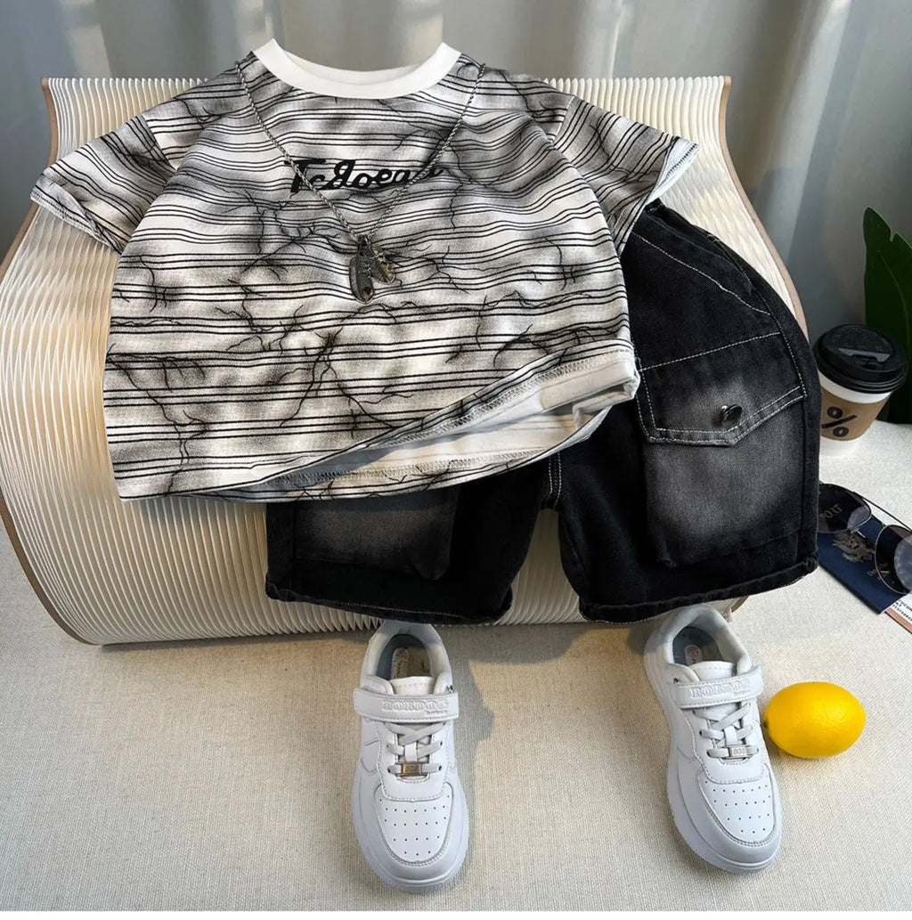 Kids Handsome Summer Clothing Denim Suit for Boy Casual T-shirt & Short Jeans 2Pcs Set Children's Top and Bottom Clothes Set