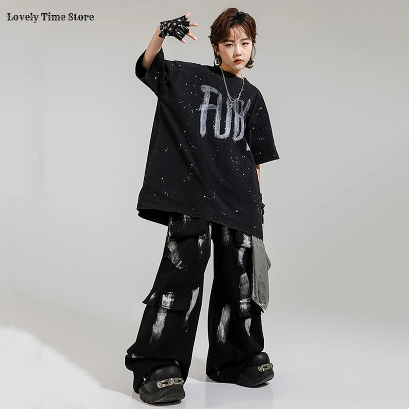 Hip Hop Boys Letters Cool T-shirt Loose Graffiti Pants Girls K-pop Costume Child Streetwear Kids Jazz Street Dance Clothes Sets