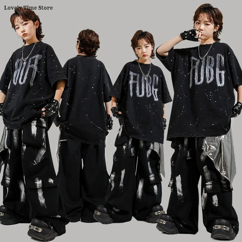 Hip Hop Boys Letters Cool T-shirt Loose Graffiti Pants Girls K-pop Costume Child Streetwear Kids Jazz Street Dance Clothes Sets
