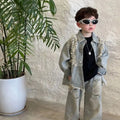 2-10Y Boys Spring Autumn Gray Retro Hole 2025 Denim Coat Pant Suit girl American Style New Loose Slimming High Waist Floor Pants