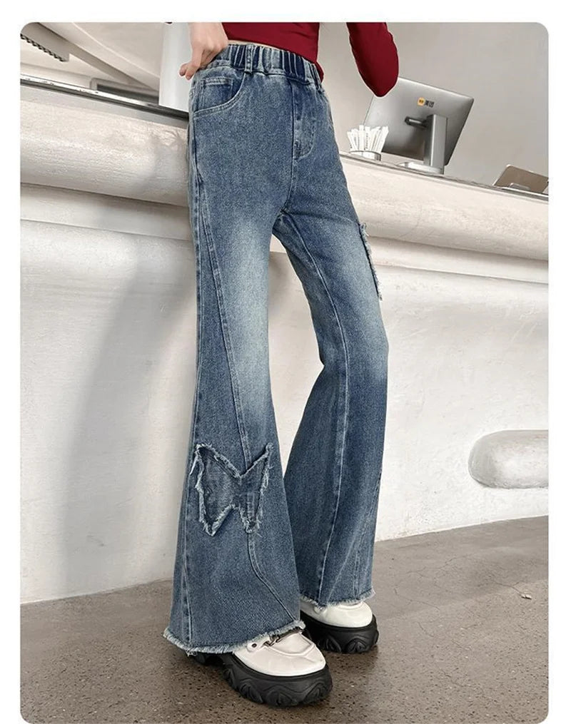2025 Girls Wide Leg Jeans Loose Pants Spring Autumn Teen Casual Trousers Kids Fashion Straight Denim Long Pants Children Clothes