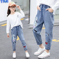 3-12 Years Teen Girls Jeans Little Girl Embroidery Fashion Long Pants For Kids Slim Fit Style Children Denim Fabric Trousers