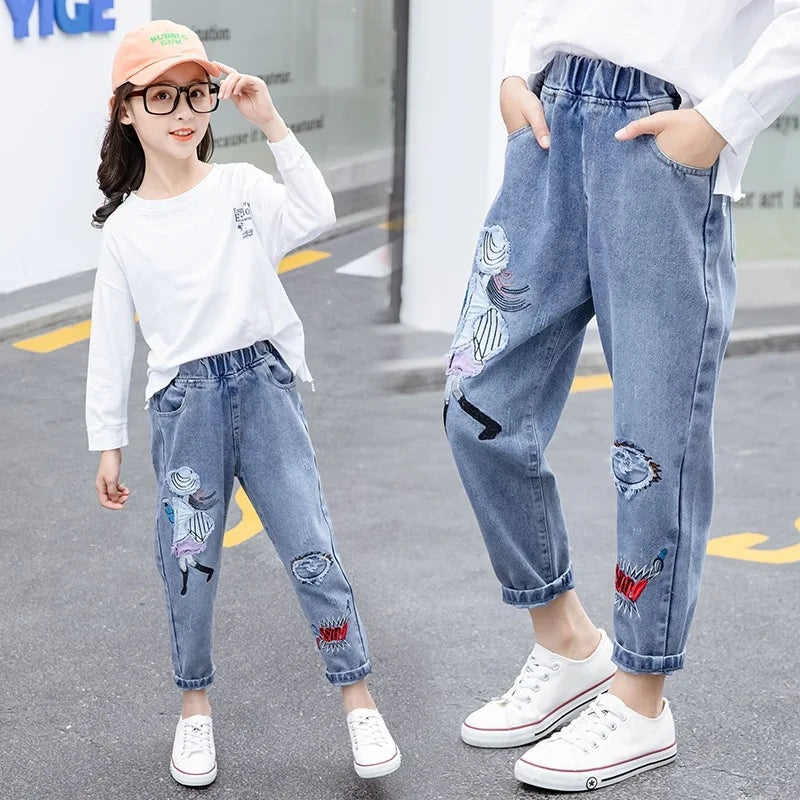 3-12 Years Teen Girls Jeans Little Girl Embroidery Fashion Long Pants For Kids Slim Fit Style Children Denim Fabric Trousers