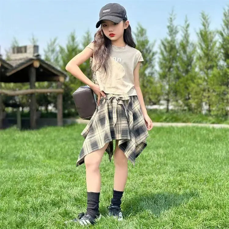 Summer Girls Clothing Set Solid Color Letter Print T-shirt+Plaid Irregular Skirt 2Pcs For 5-14 Years Teen Kids Fashion Outfit