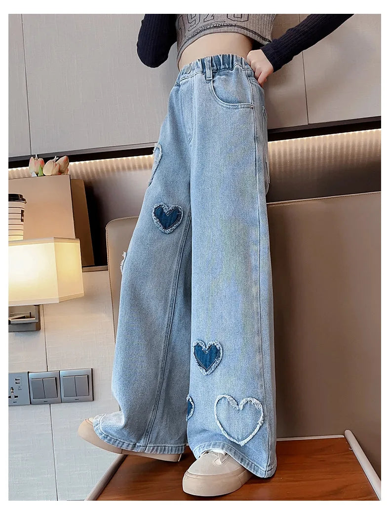 Teenagers Girls Jeans Love Embroidery Children Trousers Autumn Girls Denim Wide Leg Pants 5 6 8 10 12 14 Years New Kids Clothes