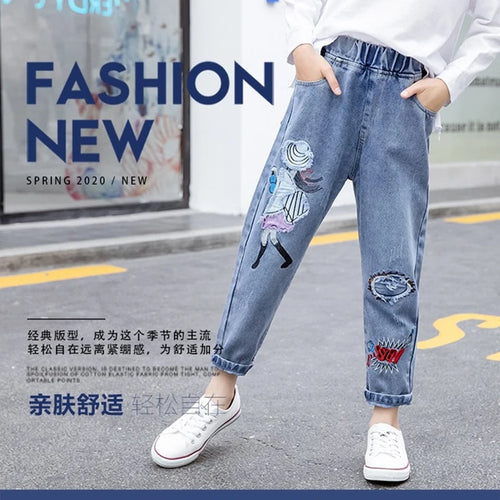 3-12 Years Teen Girls Jeans Little Girl Embroidery Fashion Long Pants For Kids Slim Fit Style Children Denim Fabric Trousers