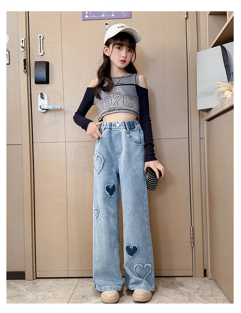 Teenagers Girls Jeans Love Embroidery Children Trousers Autumn Girls Denim Wide Leg Pants 5 6 8 10 12 14 Years New Kids Clothes